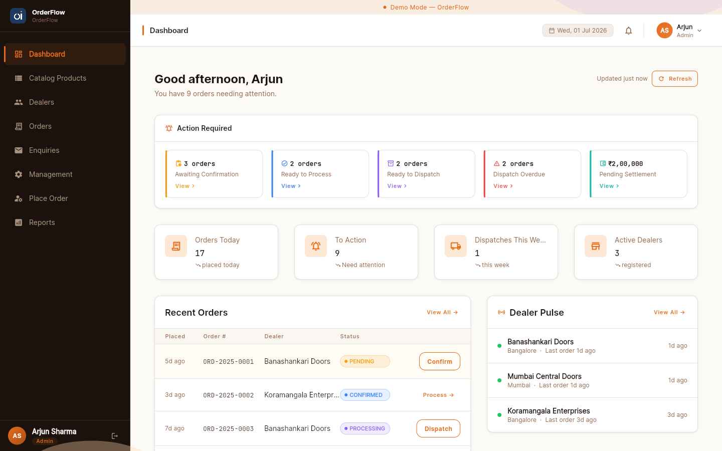 OrderFlow Intelligence Dashboard showing orders, production status, and AI-driven insights