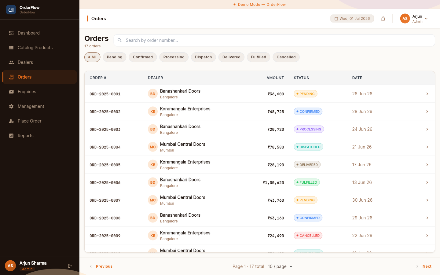 OrderFlow order tracking — every order's stage, status, and value in one view